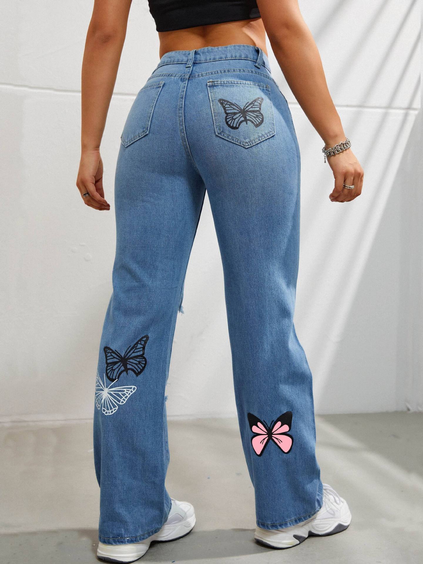 Butterfly Print Ripped Denim Pants