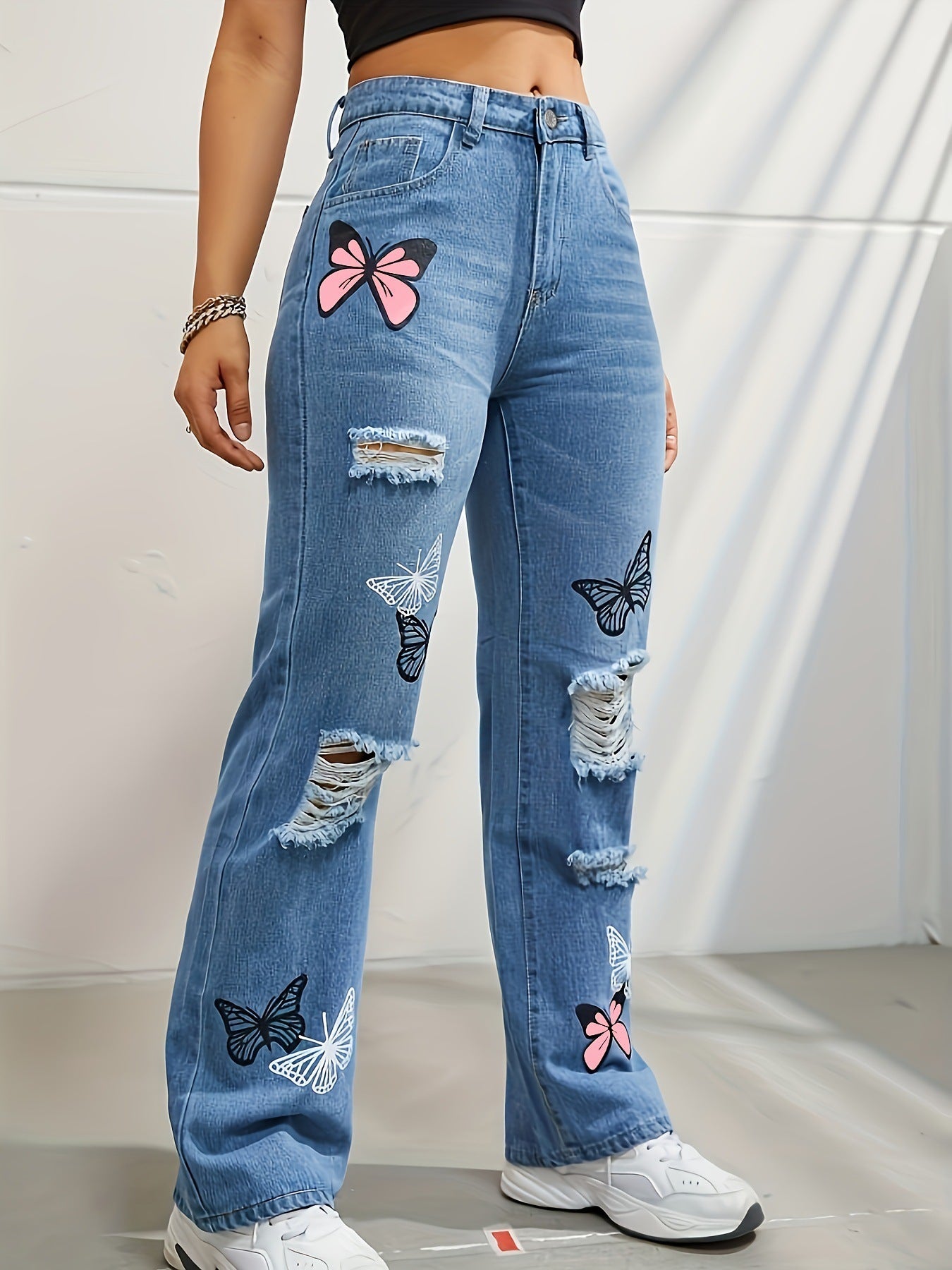 Butterfly Print Ripped Denim Pants