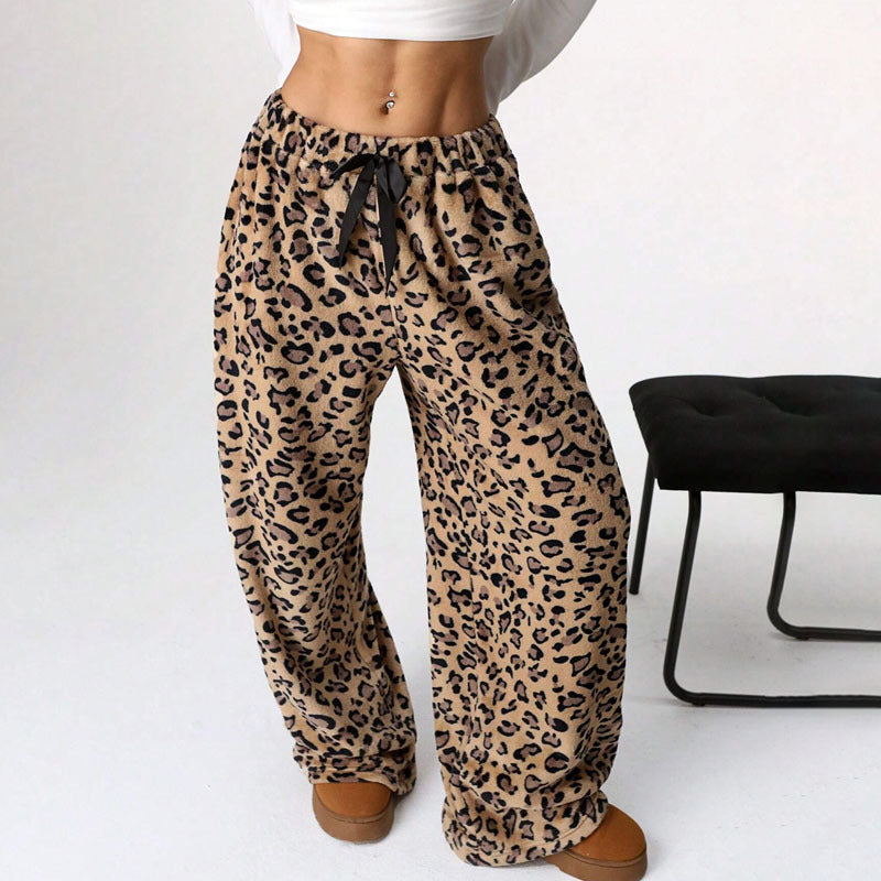 Casual Leopard Print Lace-up Wide-leg Pants