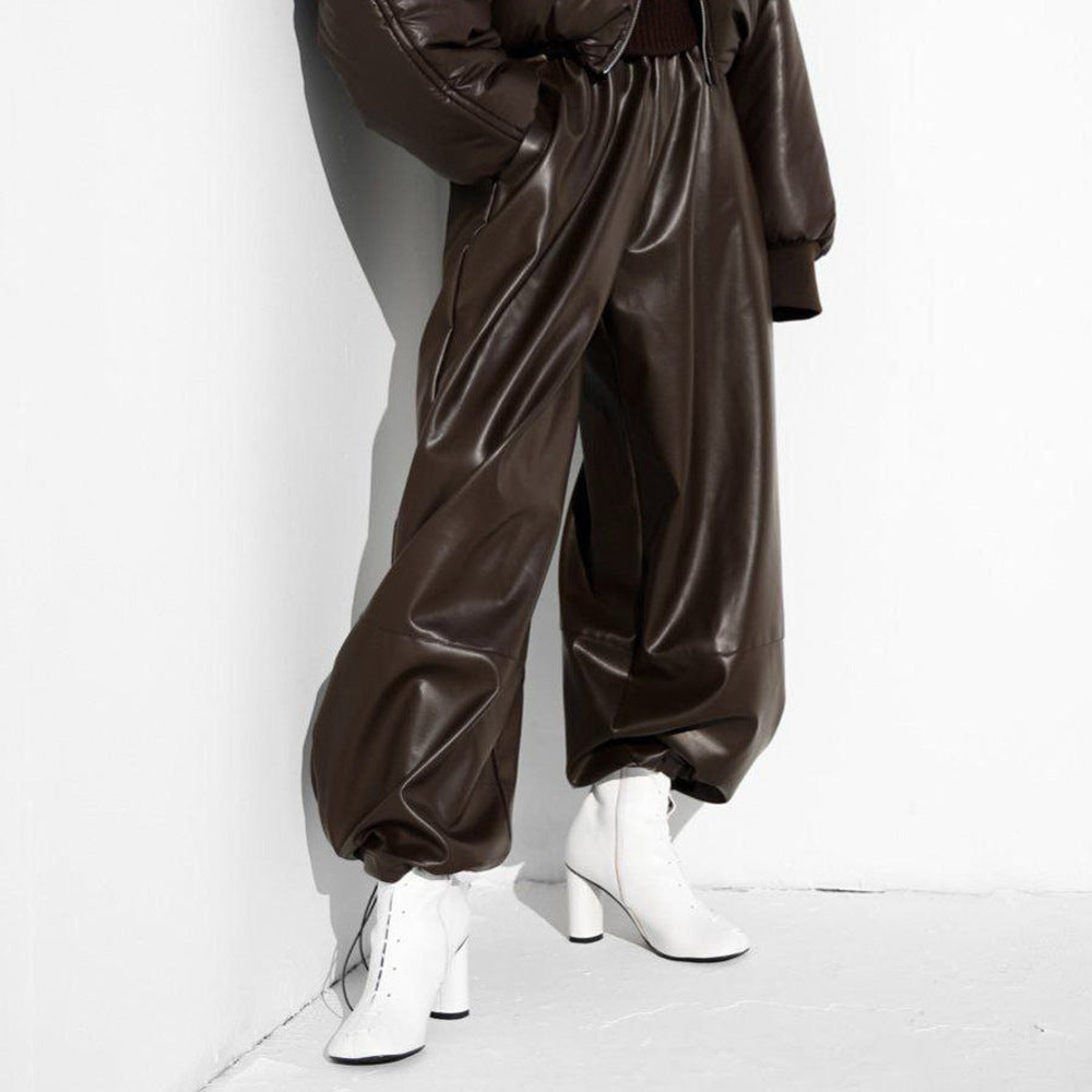 Drawstring Ankle-tied Bloomers Loose Leather Pants