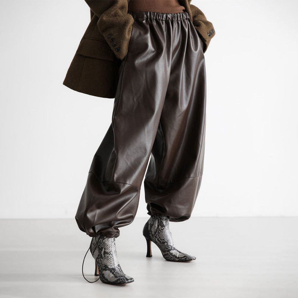 Drawstring Ankle-tied Bloomers Loose Leather Pants