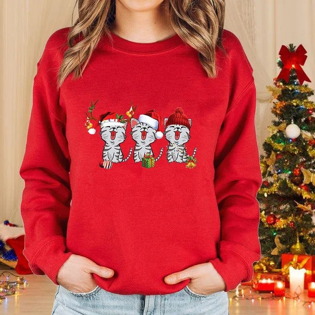 Lady Christmas Cat Round Neck Sweater