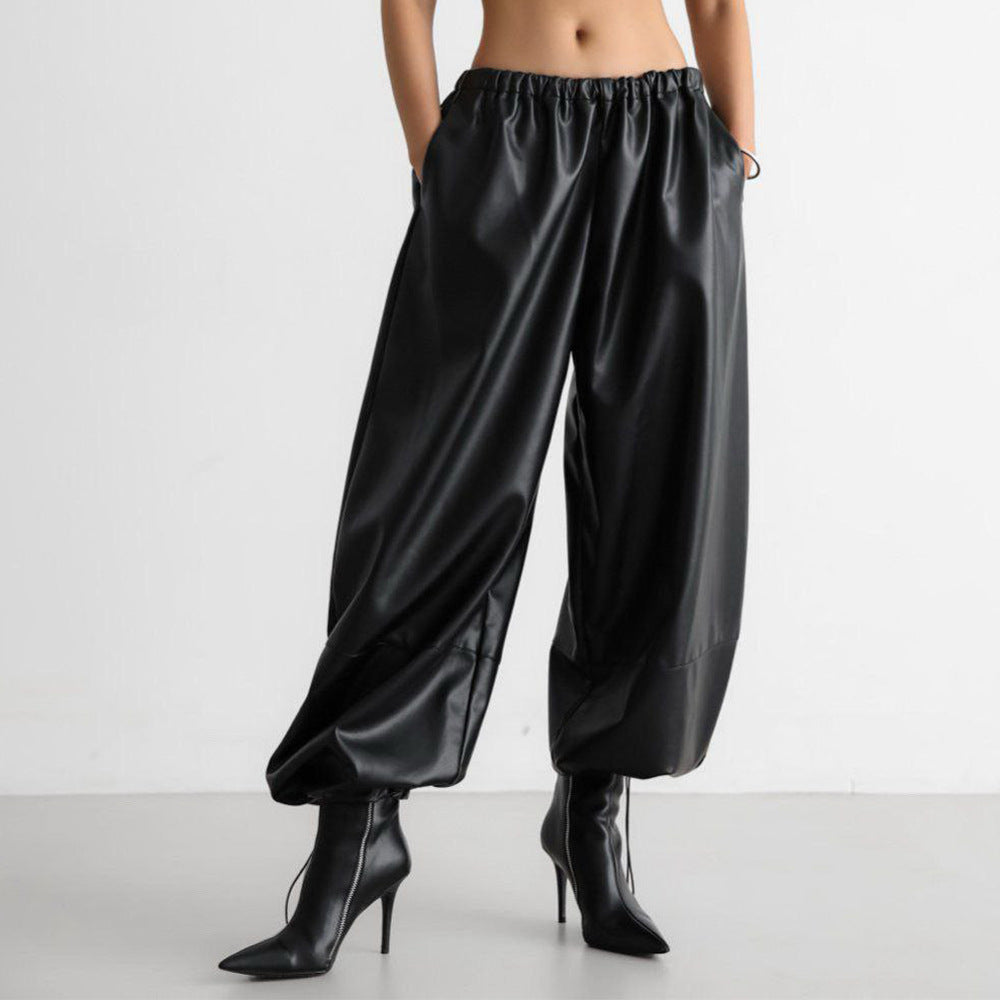 Drawstring Ankle-tied Bloomers Loose Leather Pants