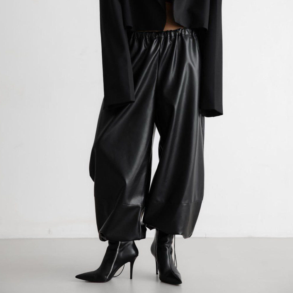Drawstring Ankle-tied Bloomers Loose Leather Pants
