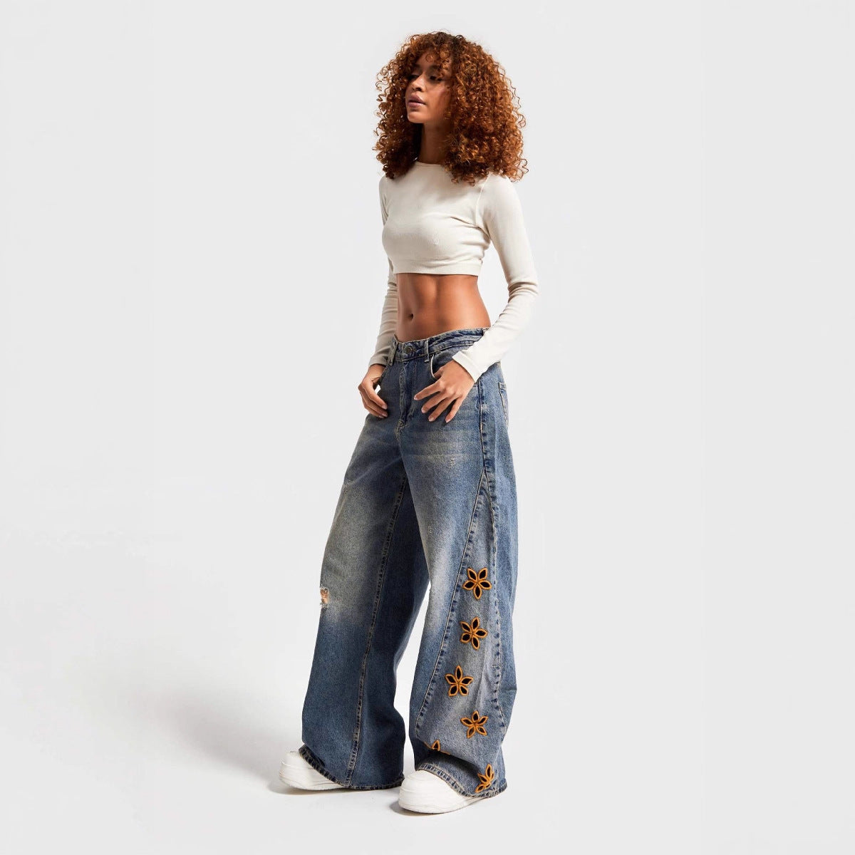 Casual Embroidered High Waist Loose Jeans