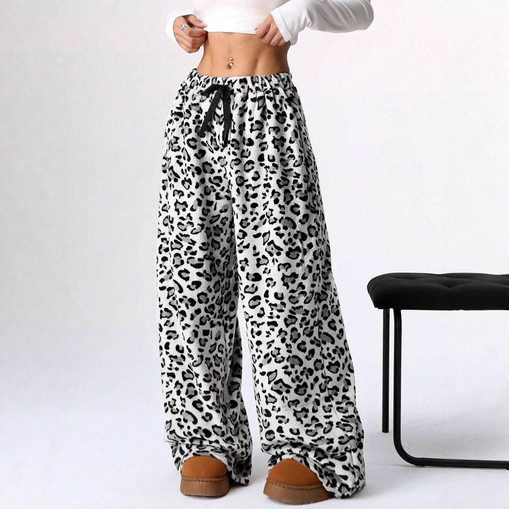 Casual Leopard Print Lace-up Wide-leg Pants