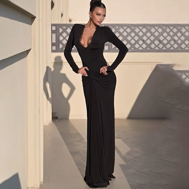 Fashionable Tight Waist Twisted Long-sleeved Dress