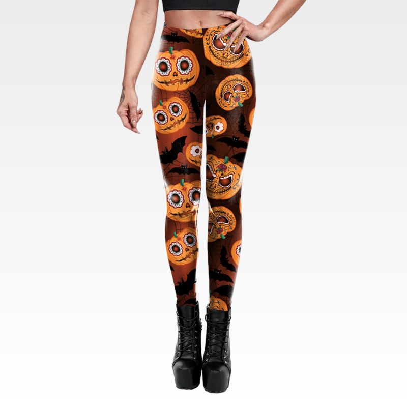 halloween pumpkin bat print elastic yoga pants