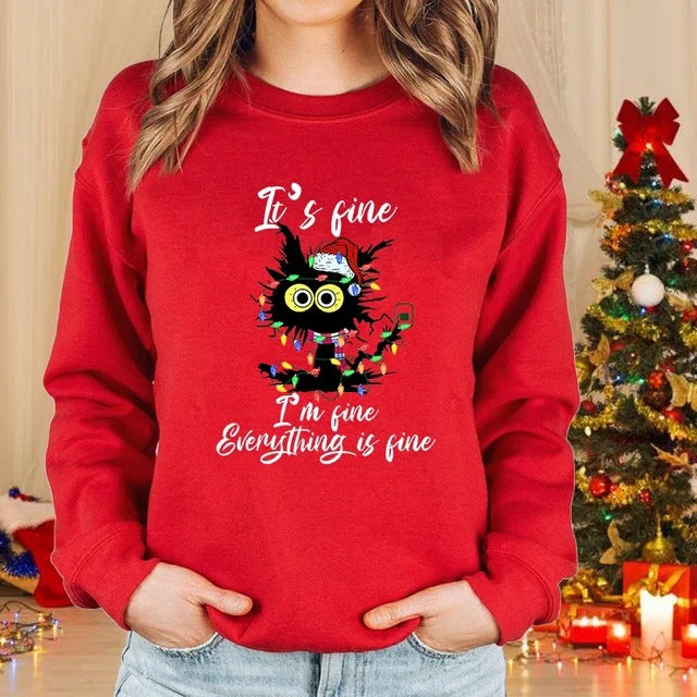 Lady Christmas Cat Round Neck Sweater