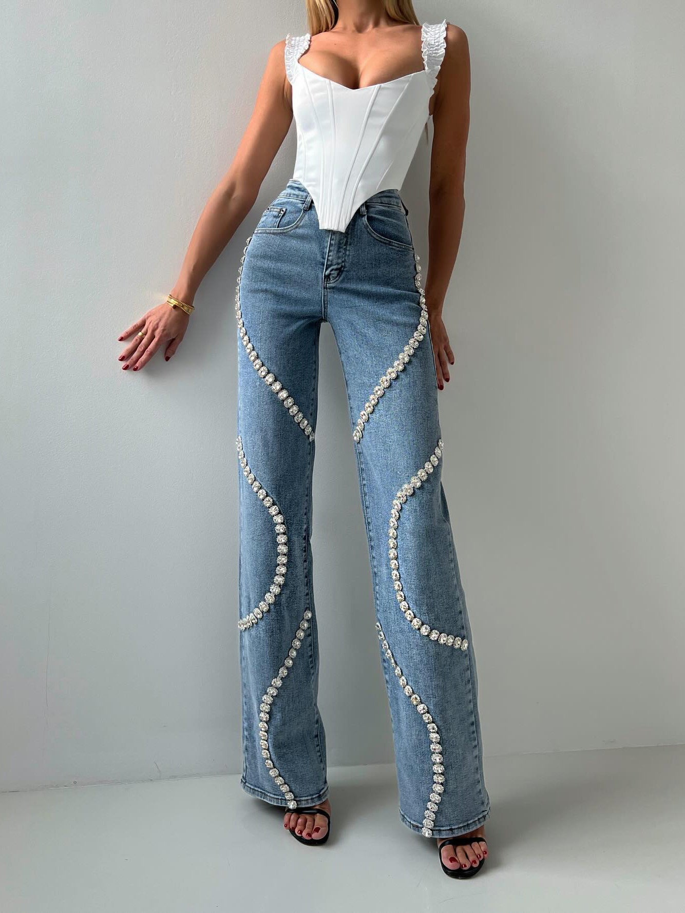 Loose Straight-cut Rhinestone Jeans