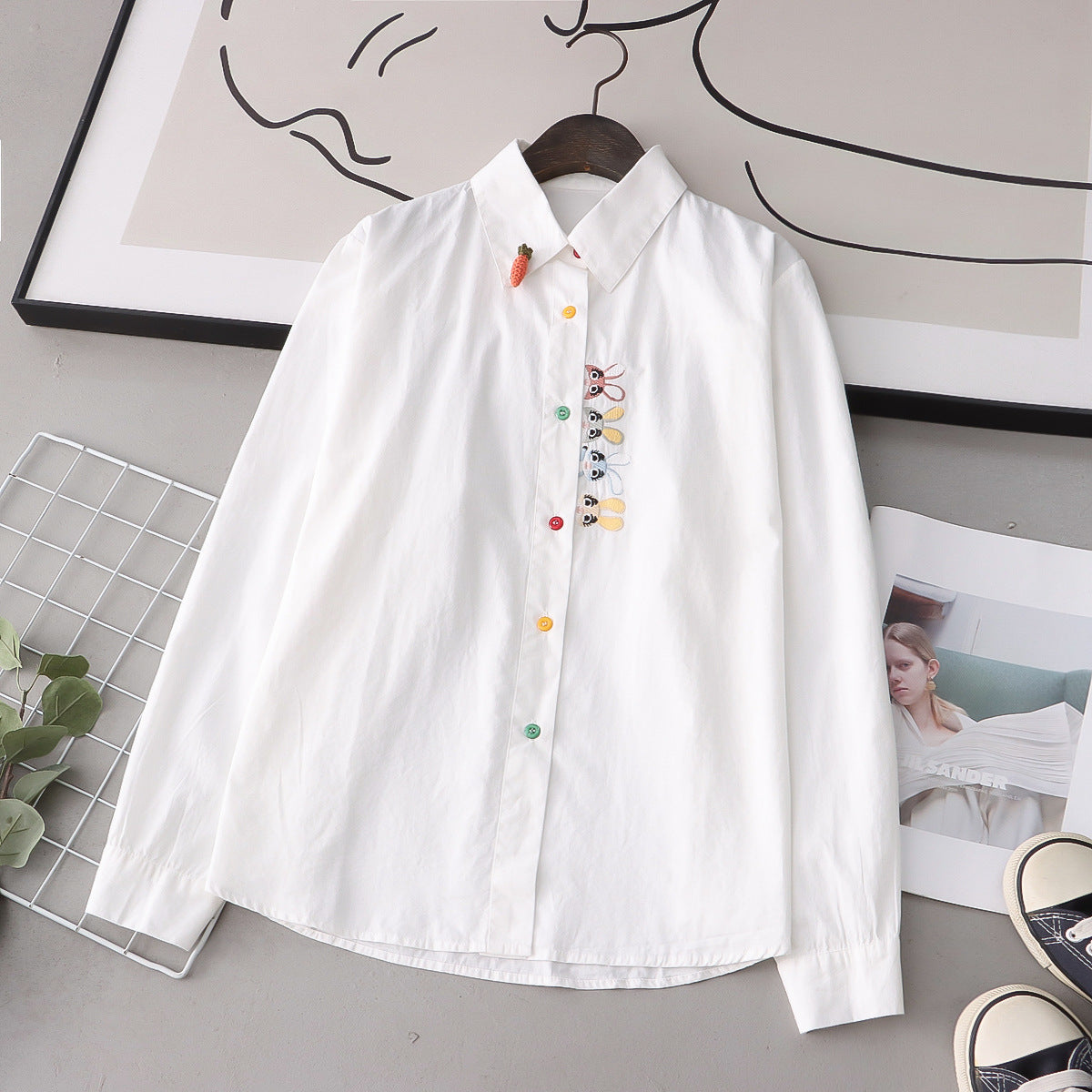 Rabbit Embroidered Long Sleeve Shirt