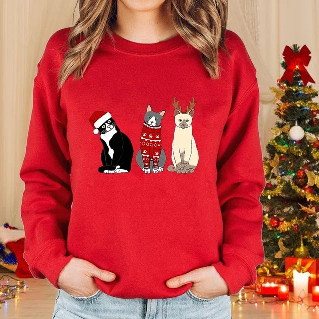 Lady Christmas Cat Round Neck Sweater
