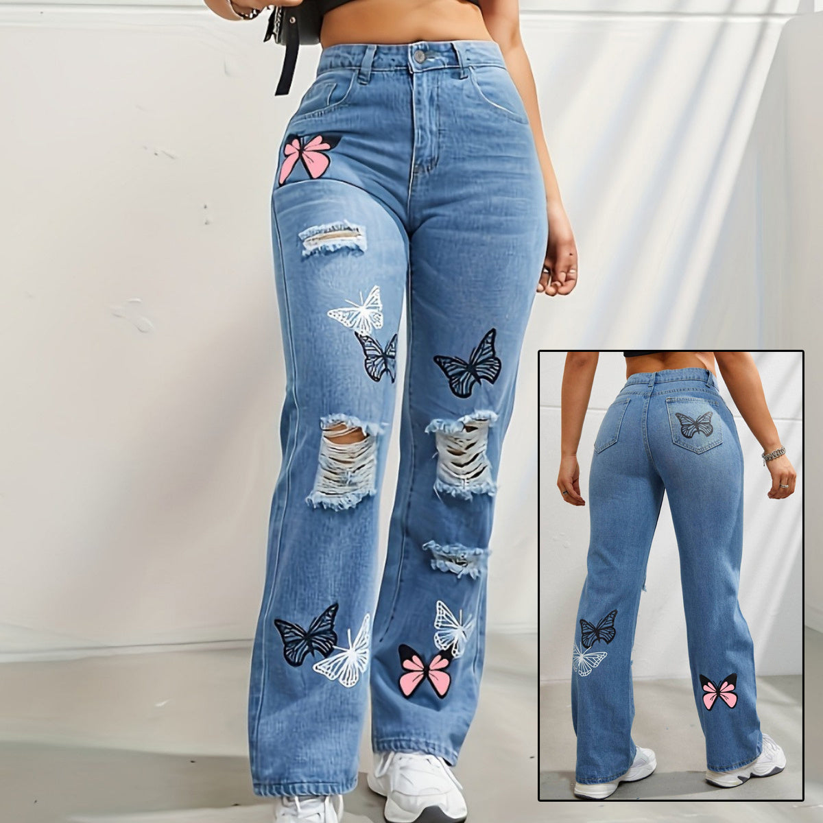 Butterfly Print Ripped Denim Pants